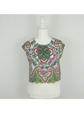Dalia Collection Women's XS Green Cream Paisley Woven Crewneck Vented Tank Top